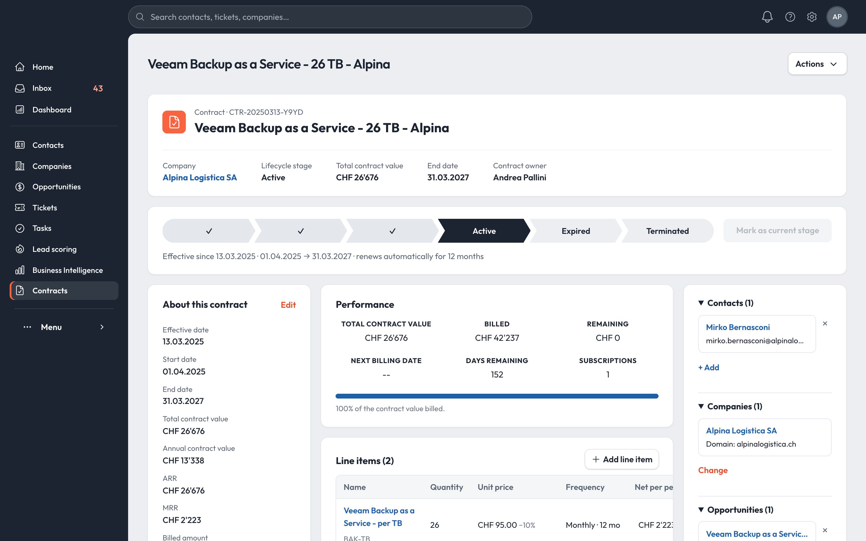 Contract record with lifecycle stage, contract value and billing performance