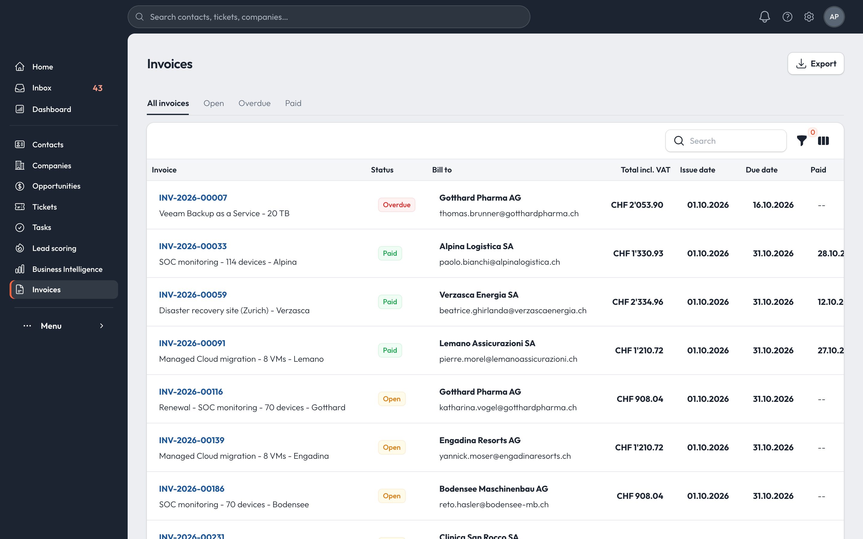 Invoices list with overdue, paid and reminder actions